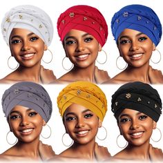 PRICES MAY VARY. 6pcs African Women Turban Cap: 6 pieces of African women's beaded hijab in 6 different colors, black, white, gray, red, blue, yellow. These are enough quantity, and different colors can simple to match your daily wear, stylish and beautiful. Please allow slight color difference due to different monitor. High Quality Material & Practical: Our women turban caps are made of selected velvet high-quality material, which makes cap have good elasticity. These women turban are soft to t Beaded Hijab, Braid Wrap, Cultural Clothes, 6 Pack Women, Women Turban, African Turban, Turban Cap, Women In Black, African Head Wraps