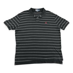 Vintage Ralph Lauren Polo Shirt Adult EXTRA LARGE Black White Stripes 90s Pony * Black with white pinstripes 100% cotton. * Embroidered red Small Pony chest logo. * 1990s vintage polo shirt. * Polo by Ralph Lauren tag. * Short sleeve. * Tennis tail. * Great condition. SIZE & MEASUREMENTS Tag size EXTRA LARGE MEASUREMENTS: Chest: 26 inches (Sleeve seam to sleeve seam) Length: 30 inches (Collar to bottom hem) To ensure a good fit, please measure your favorite garment and compare. Casual Striped Short Sleeve Polo Shirt, Striped Cotton Polo Shirt With Short Sleeves, Casual Collared T-shirt With Contrast Stripes, Striped Relaxed Fit Polo Shirt For Summer, Summer Striped Relaxed Fit Polo Shirt, Striped Relaxed Fit Short Sleeve Polo Shirt, Striped Collared Cotton T-shirt, Black Casual Polo Shirt With Contrast Stripes, Summer Casual Polo Shirt With Contrast Stripes