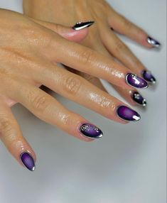 Fun Nail Art Creative, Purple And Chrome Nails, Nails Purple Dark, Dark Purple Nails Short, Purple Almond Nails Design, Dark Purple Acrylic Nails, Purple Chrome Nails, Dark Purple Nails, Purple Nail Designs