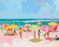 a painting of people on the beach with umbrellas