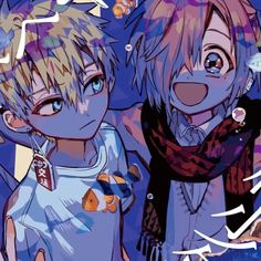 two anime characters standing next to each other in front of a blue background with flowers