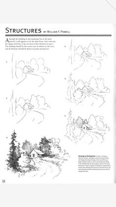 some drawings are shown on the page for an article about how to draw trees and houses