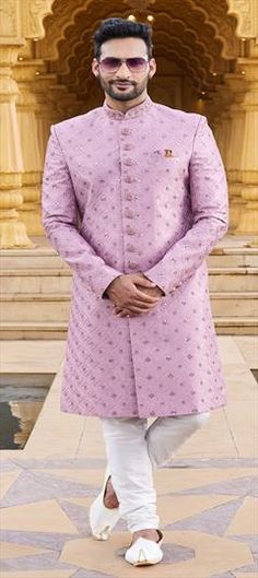 Pink and Majenta color Sherwani in Art Silk fabric with Bugle Beads, Embroidered, Sequence, Thread work Luxury Pink Sherwani With Dupatta, Luxury Pink Sherwani With Zari Work, Wedding Sherwani, Wedding Pink, Silk Wedding, Reception Wedding, Bugle Beads, Color Art, Thread Work