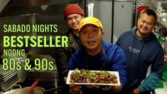 three men standing in a kitchen holding a plate of food with the caption sabado nights best seller noong, 80s & 90s