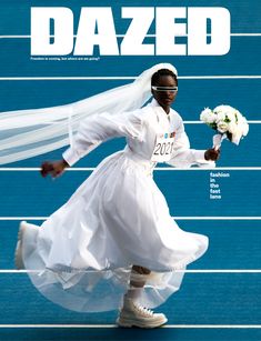 the cover of dazed magazine shows a woman in white running on a blue tennis court