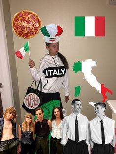 a group of people standing in front of a wall with pizza and flags on it