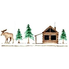 a painting of a cabin with trees and a moose in the snow next to it