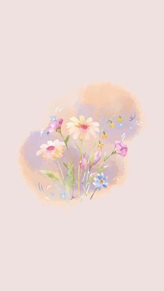 an artistic painting of flowers on a pastel pink background with blue and yellow accents