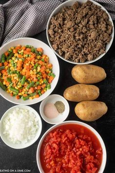 the ingredients for this meal include potatoes, carrots, meat and rice in bowls