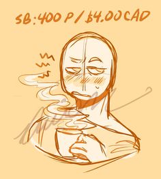 a drawing of a man with his eyes closed and holding a cup in front of him