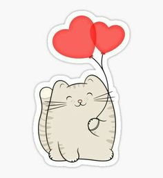 a cat holding two red heart balloons in its mouth sticker on a white background