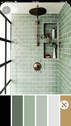 a bathroom with green and brown colors in the shower, shelving shelves on the wall