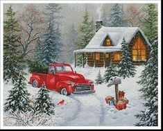 a red truck parked in front of a log cabin on a snowy day with christmas presents