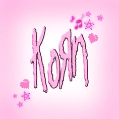 the word korn written in pink ink with musical notes and stars around it on a pink background