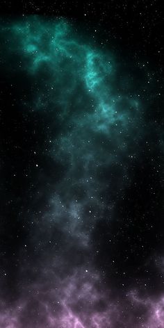 an image of the night sky with stars and clouds in green, purple and black colors