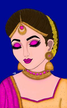 a painting of a woman with pink eyeshades and gold jewelry on her head