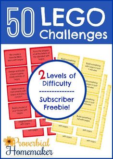 the book cover for 50 lego challenges, which includes two levels of difficulty and subscri