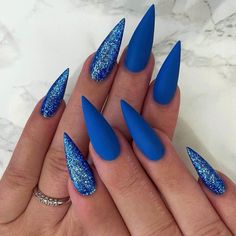 Royal Blue Matte Nails Design, Blue Glitter Nail Tips, Dark Blue Stilletos Nails, Elegant Royal Blue Nails, Blue Stelito Nails, Royal Blue Nails Sparkle, Blue Sparkle Acrylic Nails, Sparkly Blue Nails Acrylic, Royal Blue Nail Art Design