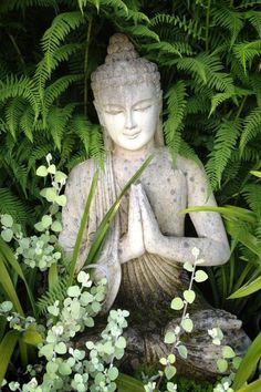 a buddha statue sitting in the middle of some plants