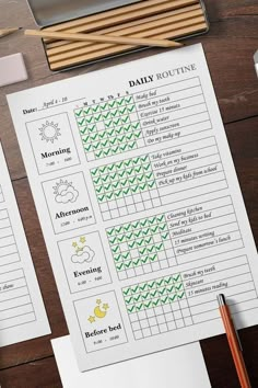 the daily routine printable is on top of a desk with pencils and paper