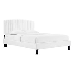 a white bed with black legs and headboard is shown in front of a white background