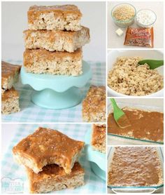 four pictures showing different stages of how to make rice krispy kreme bars