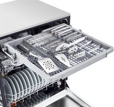 an open dishwasher with many dishes in it