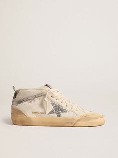 Mid Star LTD with glitter star and metallic leather flash | Golden Goose White Golden Goose, Golden Goose Mid Star, Golden Goose Mid, Scene Inspiration, Golden Family, Preppy Shoes, Glitter Stars, Star Sneakers, Gray Suede