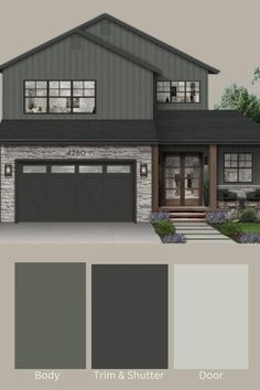 the exterior of a house with gray siding and stone accents, including two garages