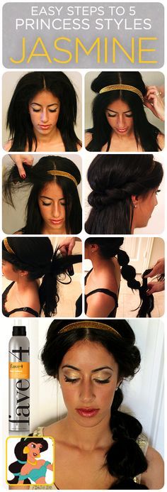 Jasmine's hair how-to! Halloween hair DIY. Disney Princess Jasmine. More Disney Hairstyles, Princess Jasmine Party, Princess Jasmine Birthday Party, Princess Jasmine Birthday, Jasmine Hair, Aladdin Costume, Princess Jasmine Costume, Disney Princess Hairstyles