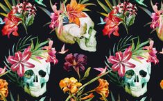 a black background with skulls and flowers on it's side is featured in this image