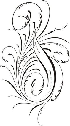 a black and white drawing of a peacock with swirls on it's tail