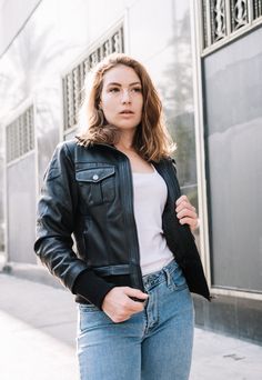 Women's leather bomber jacket. Soft, supple leather lambskin. Rib on waistline, neckline, and wrists  Four pockets: two side and two chest  Zippered midsection  100% genuine leather  This women's leather bomber is perfect for everyday wear. It has a relaxed, comfortable feel and is made from the finest skins and leathers. It is a stylish, edgy and luxurious looking leather jacket. You cannot go wrong with this!    Made to order. Please allow 7-10   business days   for production and 5 days for d Jacket Styles For Women, Winter Outfits Women, Faux Leather Jackets, Womens Activewear, Ladies Tops Fashion, Leather Jackets, Leather Coat, Coats Jackets Women, Active Wear For Women