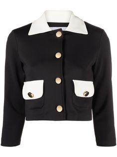 black/white cotton spread collar gold-tone buttons three-quarter length sleeves two front flap pockets cropped