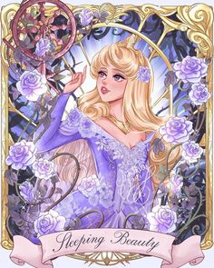 a drawing of a blonde haired woman in purple dress with flowers and an ornate frame