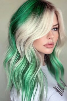 Blonde Purple And Green Hair, White Hair With Colored Tips, Lavender And Green Hair, Blonde With Green Highlights, Blonde Hair With Green Highlights, Blonde And Green Hair, Unique Blonde Hair Color Ideas, Colored Ombre Hair, Hairstyles For New Years