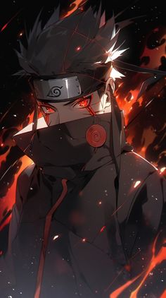 an anime character with black hair and red eyes, standing in front of flames