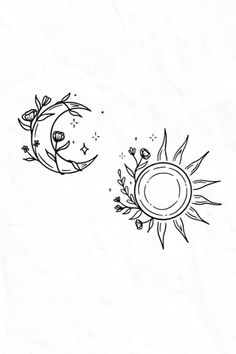 the sun and moon tattoo design is shown in black on white paper, with small flowers