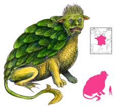 a drawing of a green and yellow creature with its mouth open next to a map