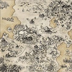 an old map with lots of trees and mountains in the background, as well as people walking around it