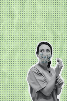 a woman wearing a surgical mask and holding a banana in front of a green background