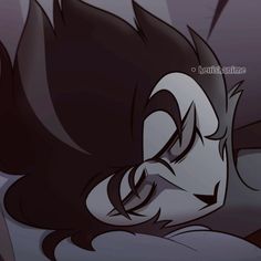 a cartoon character laying on top of a bed with his eyes closed and hair blowing in the wind