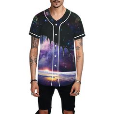 This melting dripping galaxy rave jersey is perfect for anyone who loves sports, festivals or just awesome outfits. Get ready to turn heads on the dance floor at your favorite music festival or get noticed in the bleachers supporting your favorite baseball team or if you're an edm dj you'll stand out and be remembered by everyone when you rock the decks in this epic rave jersey! Featuring a full-button front and a rounded hem, these tees feature moisture-wicking fabric that helps keep you cool w Edm Outfits Men, Dj Clothes, Edm Outfit, Raver Outfits, Dj Gifts, Edm Festival Outfit, Edm Dj, Edm Outfits, Awesome Outfits