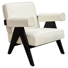 a white chair with black legs and a wooden frame on the armrests is shown in front of a white background