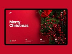 the merry christmas app is displayed on a red background with holly branches and presents around it