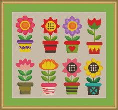 a cross stitch pattern with flowers and potted plants on the front, in different colors