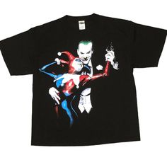 a black t - shirt with an image of the joker and harley characters on it