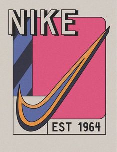 the nike logo is shown on a white background with blue, pink and yellow colors