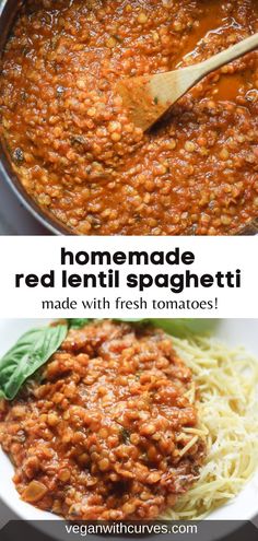 red lentil spaghetti sauce in a white bowl with basil leaves on top and another photo of the same dish