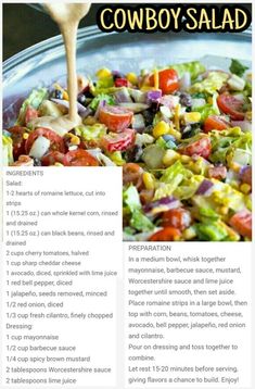 the recipe for cowboy salad is shown in an image with text above it and below it